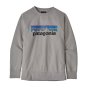 Patagonia childrens organic cotton P-6 logo drifter grey sweatshirt on a white background