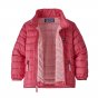Patagonia baby down sweater jacket in range pink open on a white background