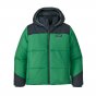 Patagonia childrens nettle green synthetic puffer hoody on a white background
