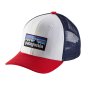 Patagonia childrens eco-friendly P-6 Logo trucker hat in white on a white background