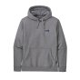 Mens Patagonia P-6 label uprisal hoody in the gravel heather colour on a white background