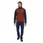 Man stood wearing the fair trade and eco-friendly Patagonia better sweater in red and navy on a white background