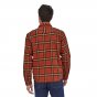 Man stood backwards wearing the Patagonia eco-friendly cotton checked red flannel shirt on a white background