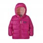 Patagonia baby hi-loft down sweater hoody in mythic pink on a white background
