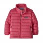Patagonia eco-friendly childrens range pink down sweater on a white background