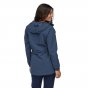 Woman stood backwards wearing the Patagonia recycled fishing net parka winter jacket on a white background