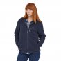 Woman wearing the Patagonia recycled polyester womens fluffy hoody on a white background