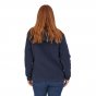 Woman facing backwards wearing the Patagonia navy blue retro hooded jumper on a white background