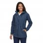 Woman wearing the Patagonia eco-friendly navy blue parka jacket on a white background