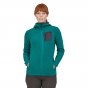 Woman wearing the Patagonia recycled polyester zip up hoody in dark green on a white background