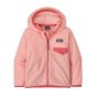 The Patagonia Baby Recycled Polyester Micro D Snap-T Jacket - Flamingo Pink, upright on a white backgound