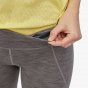 Close up picture of model wearing the grey narwhal legging. Picture is demonstrating the key pocket at waistband. Picture background is white.