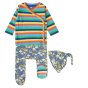 three piece baby set is a super soft organic cotton jersey outfit for babies with a bright rainbows and planets design from piccalilly
it includes a long-sleeved wrap-over rainbow striped top, and a top knotted hat and footed baby trousers