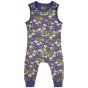 soft blue organic cotton dungarees for babies and toddlers with a bright rainbow weather and planets all-over print, a matching blue trim and comfy stretchy cuffs from piccalilly