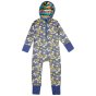 organic cotton playsuit with a bright rainbow weather and planets all-over print, co-ordinating blue trim and stretchy cuffs, and a rainbow stripe hood lining from piccalilly
