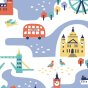 Close up of the Piccalilly Little London kids clothing print on a white background