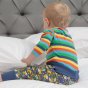 back of baby wearing rainbow striped organic cotton long-sleeve babysuit from piccalilly