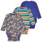 three pack of colourful organic cotton long-sleeve baby bodies, in co-ordinating colours and prints includes a solid blue, a rainbow stripe and a colourful cosmic weather print baby bodysuit from piccalilly