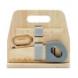 Back of the Plan Toys wooden carpenter tools play set on a white background