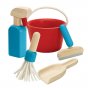 Plan Toys Cleaning Role Play Set including wooden squeegee, mop, dustpan, cleaning spray and bucket. 