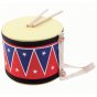Plan Toys Big Drum II with a red and blue zig zag pattern, adjustable cotton carrying handle and two wooden drumsticks. White background.