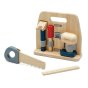 Plan toys eco-friendly wooden carpenter toy set laid out on a white background