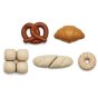 Items from the plan toys eco-friendly wooden play food bread set laid out on a white background