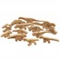 Set of 13 reel wood eco-friendly wooden dinosaur toys laid out on a white background