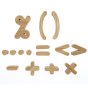 Reel wood eco-friendly wooden maths symbols set laid out on a white background