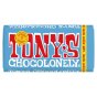 Tony's Chocolonely Fairtrade Dark Milk Chocolate 180g, with a light blue wrapper, large Tony's logo. On a white background
