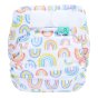 Tots Bots Bamboozle reusable washable nappy with rainbows printed all over on white background