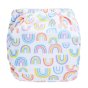 Tots Bots Bamboozle reusable washable nappy with rainbows printed all over on white background