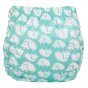 Tots Bots Bamboozle Nappy Wrap - Hedgehug is a teal blue waterproof nappy cover with a white hedgehog design and white velcro. Back view, white background. 