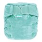 Front of the Totsbots bamboozle stretch reusable baby nappy in the moss green colour on a white background