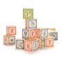 Uncle Goose eco-friendly wooden classic ABC alphabet toy blocks stacked in a pile on a white background