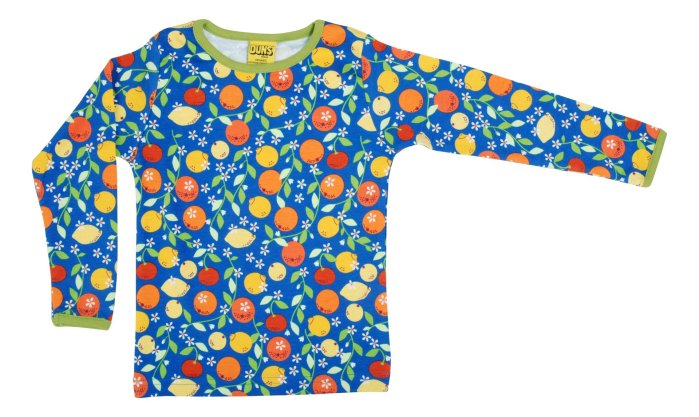 Organic cotton children long sleeve top with fresh and zesty citrus print on blue from DUNS