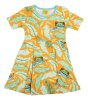 Organic cotton children short sleeve skater dress with tree frog and leafy foliage print on orange from DUNS