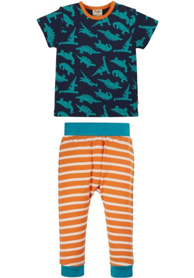 frugi orwin outfit front view - navy blue with dinosaurs top and stripe orange trousers