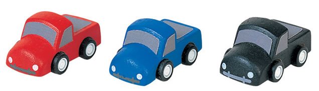 Plan Toys PlanWorld Mini Trucks, made from solid sustainable rubber wood, in red, blue and black.