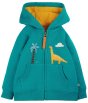 teal zip through children hoodie with dino applique and yellow lining from frugi