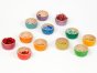 Grapat 12 Rainbow Wooden Sorting Bowls, in the colours of the rainbow being used for colour matching. Perfect toy bowls for sorting, counting and matching. White background. 