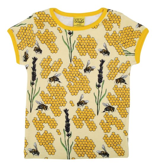 Organic cotton children short sleeve top with bees and honeycomb print on pale yellow from DUNS