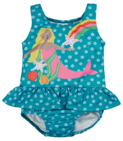 blue swimsuit for babies and toddlers  with lighter blue spots and a colourful rainbow and mermaid design and a matching blue spotty frill from frugi
