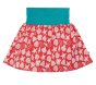extended waist of vibrant pink organic cotton jersey skirt with a beautiful white seashell print, layered over shorts with a stretchy fold-down blue waistband from frugi