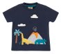 indigo short sleeve top with the dinosaurs and volcano applique from frugi