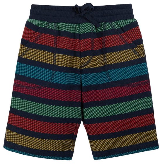 morvah shorts with alternating indigo, yellow, red, green and blue stripes from frugi 