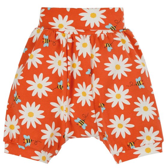orange shallot shorts with daisies and bees print and extendable waist from frugi 

