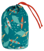 Frugi toasty trail reversible jacket bag, in teal with canoes and whales printed on and a red drawcord