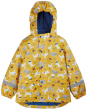 yellow hooded puddle buster coat with dogs and cats print, blue lining and reflective stripes on sleeves from frugi