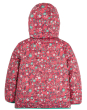 Frugi toasty trail jacket in pink with all over floral print with hood from the back